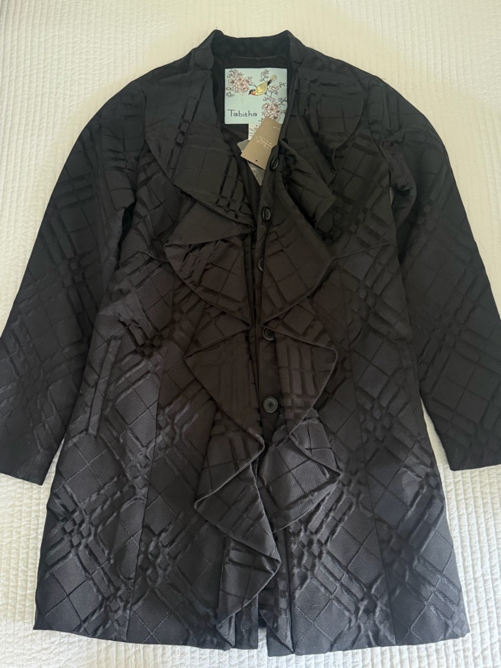 Tabitha Black Quilted Ruffle-Front Trench Coat